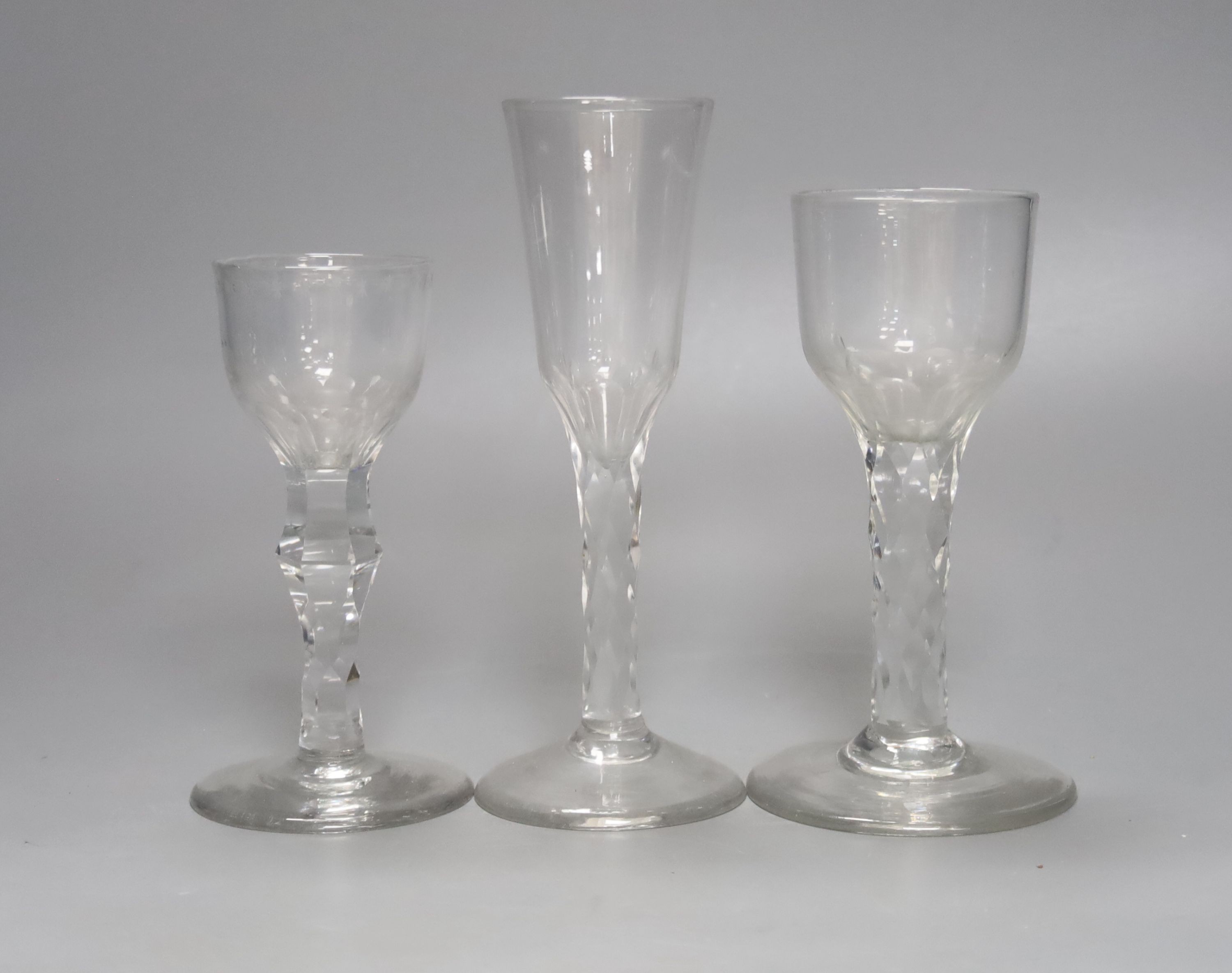 Three Georgian facet stemmed glasses, c.1780-90, 19cm tall